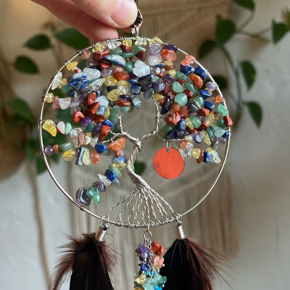 Tree of Life Dreamcatcher – Chakra Gemstone Wall Hanging with Feathers – Boho - Picture 8 of 9
